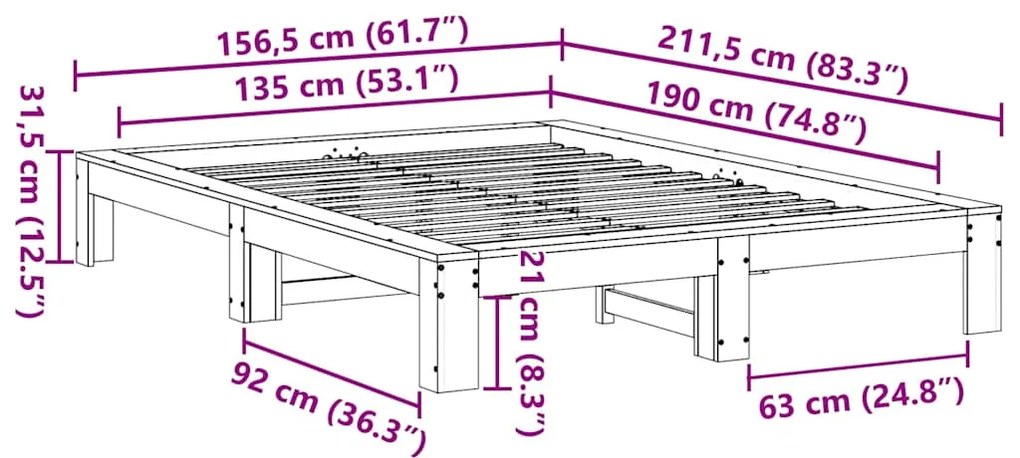 Cama sem colchão 135x190 cm madeira de pinho maciça branco