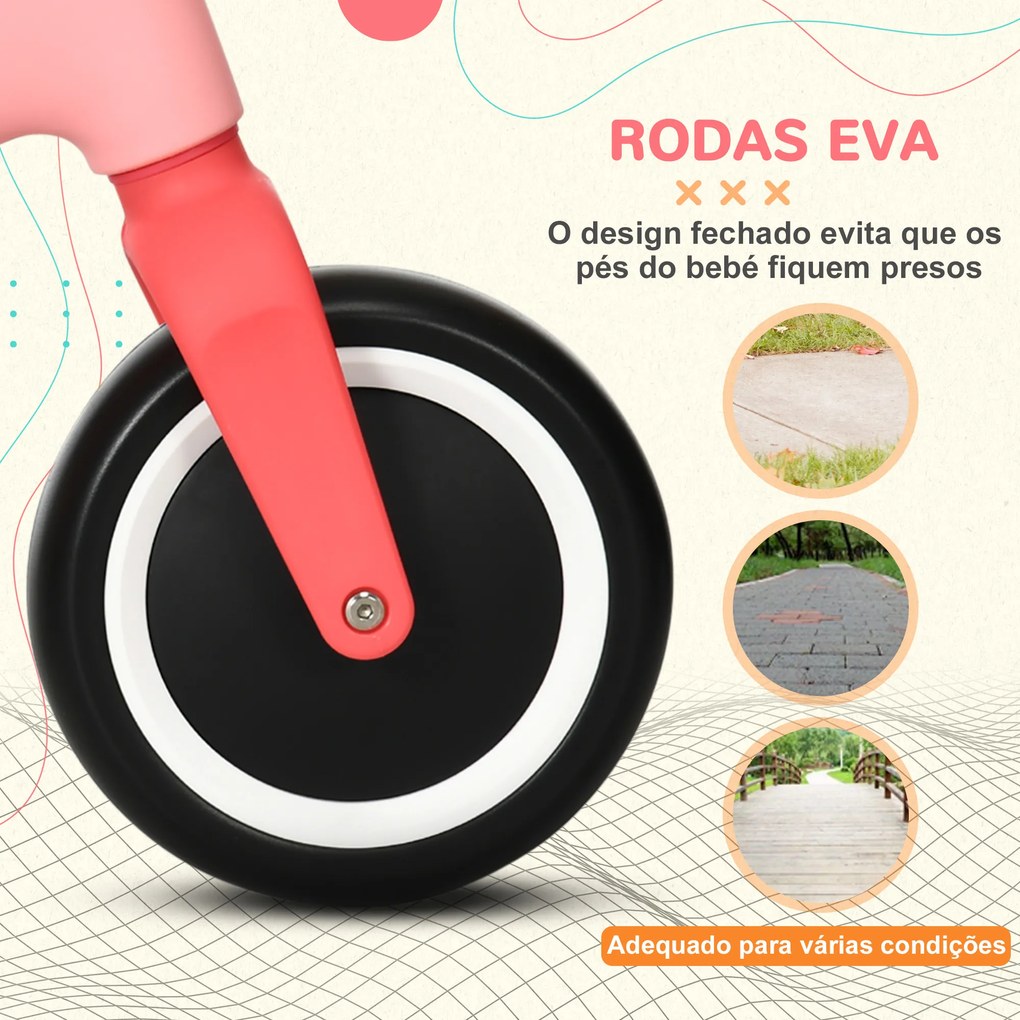 Bicicleta de Equilíbrio para Crianças de 18-36 Meses com Assento Ajustável em Altura Suporta 25 kg 67,5x32x44 cm Rosa