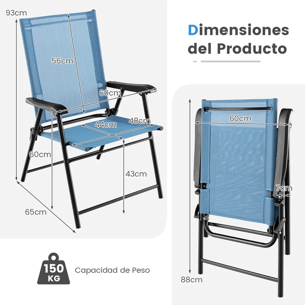 Conjunto de 2 cadeiras de jardim dobráveis Cadeiras portáteis com encosto em tecido Estrutura metálica para piscina Terraço 65 x 60 x 93 cm Azul