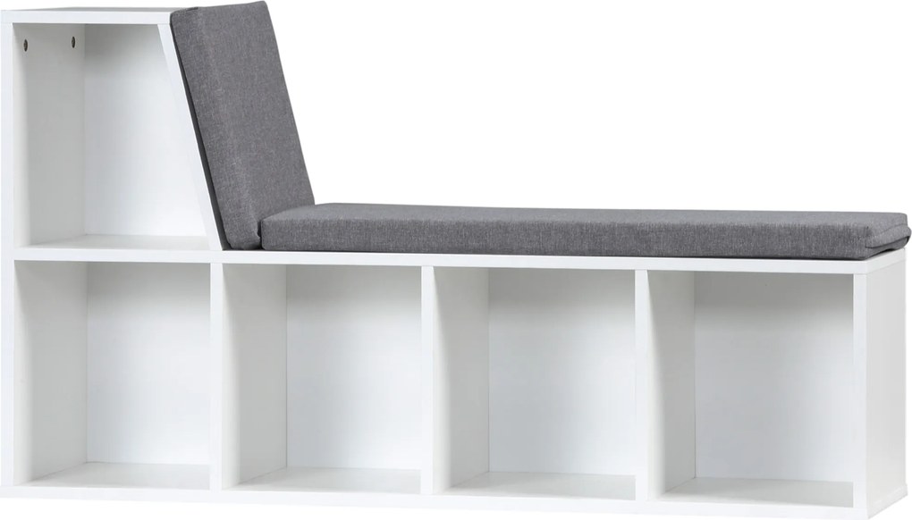 Banco 2 em 1 com 5 compartimentos de arrumação e 2 almofadas, 108 x 30 x 60 cm, branco e cinzento