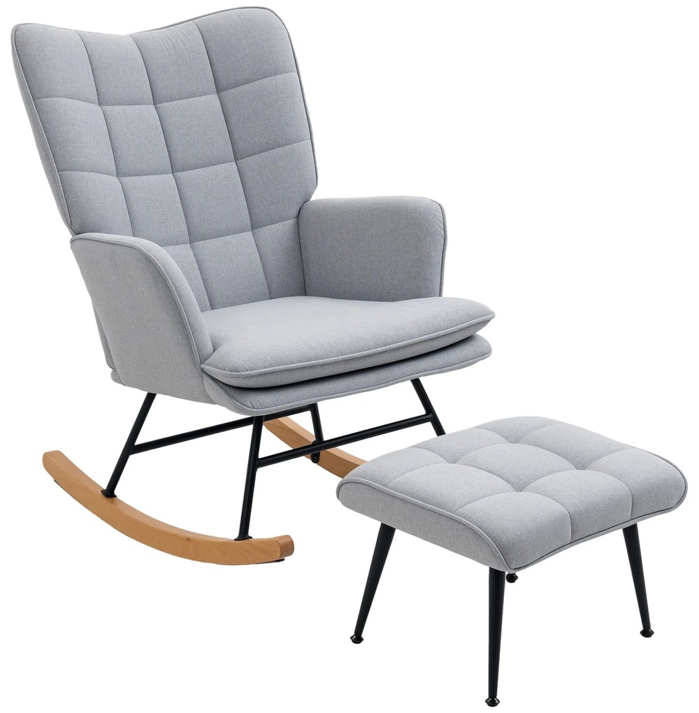 HOMCOM Conjunto de Poltrona Baloiço com Apoio para os Pés Poltrona Relax com Almofada Acolchoada e Anti-Tombo Carga 130 kg Sala de Estar Dormitório 64x89x90 cm Cinzento