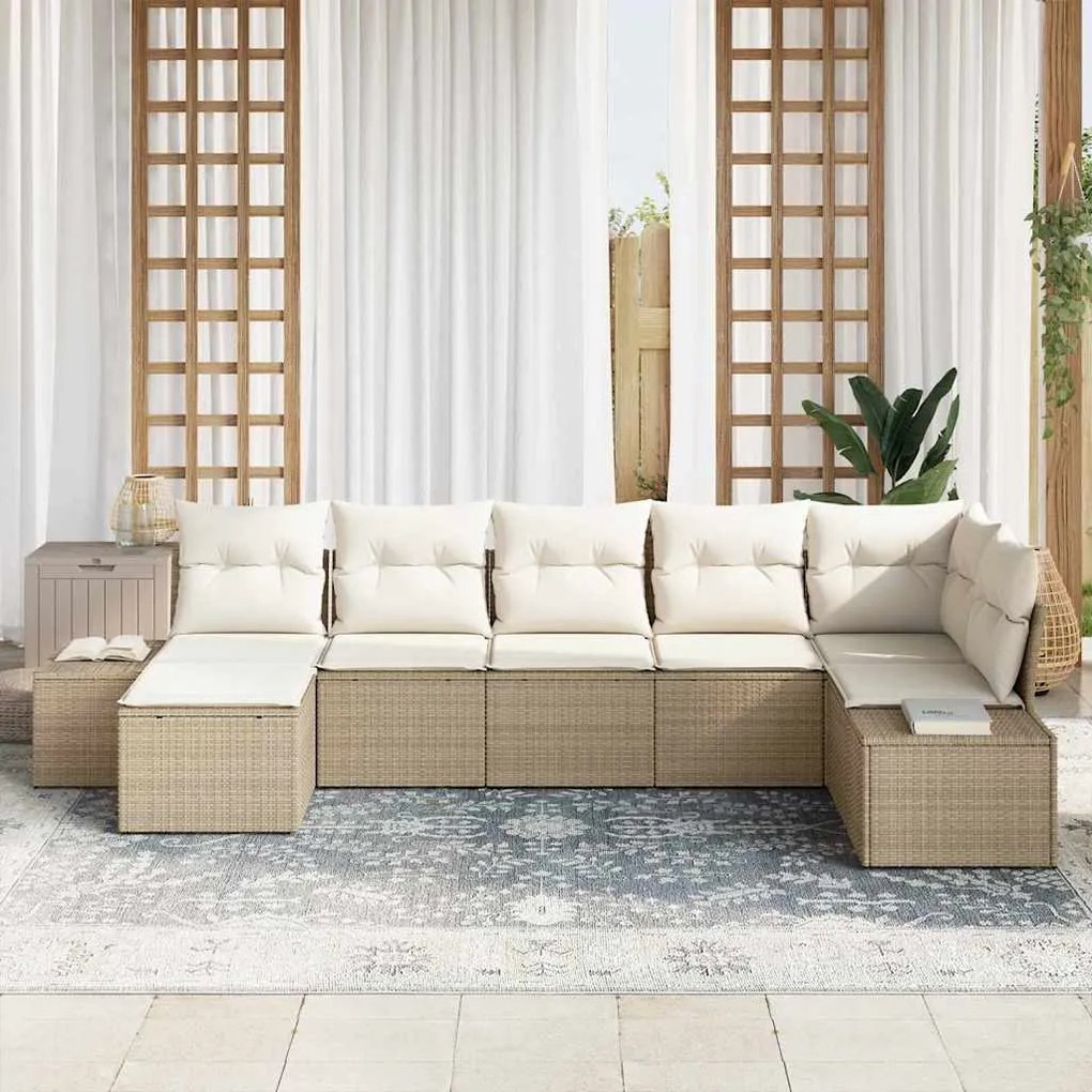 Conjunto de Sofá de Jardim com Almofadas Bege Rattan Poliéster
