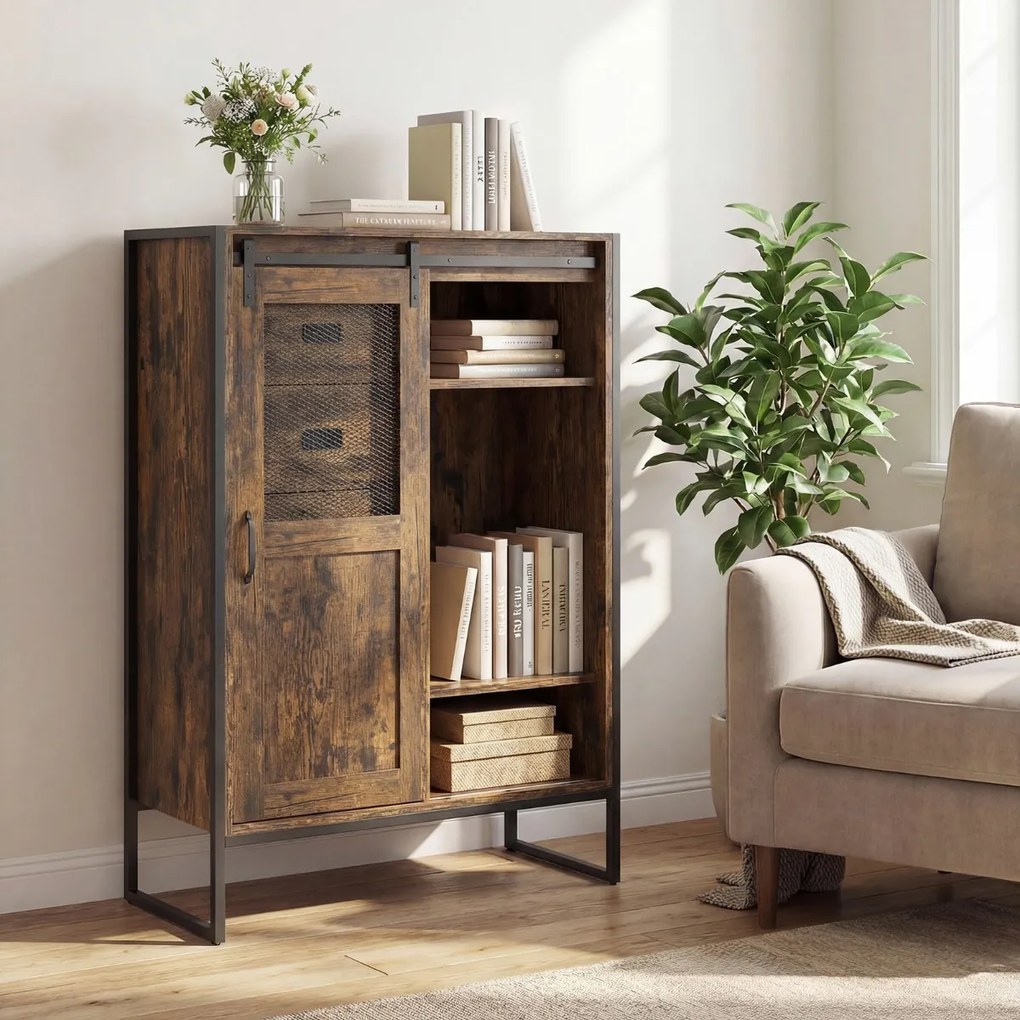 Armário de arrumação, estilo rústico 84 x 40 x 120 cm, com porta de correr, 5 gavetas e prateleiras ajustáveis ideal para casa de banho, sala de estar