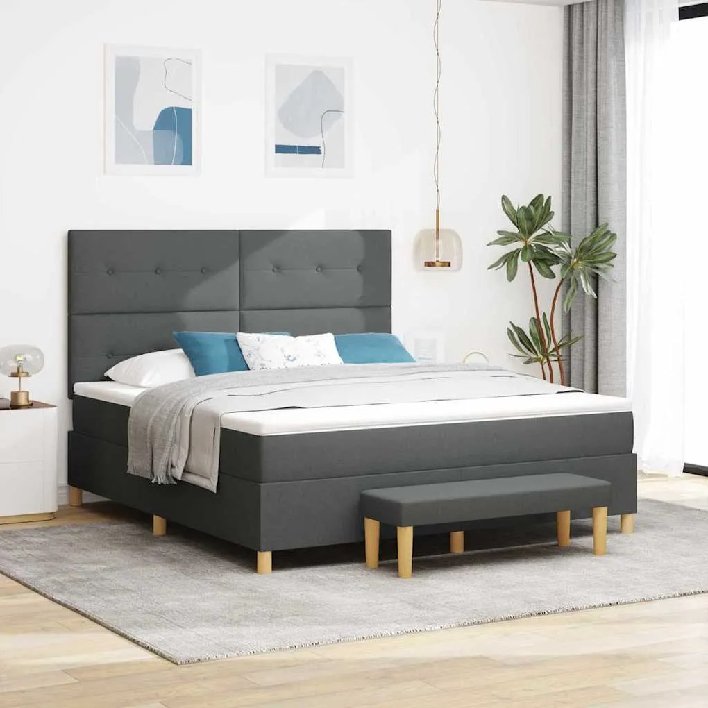 Cama Box Spring com Colchão e Banco Cinza Escuro 180x200 cm Tecido