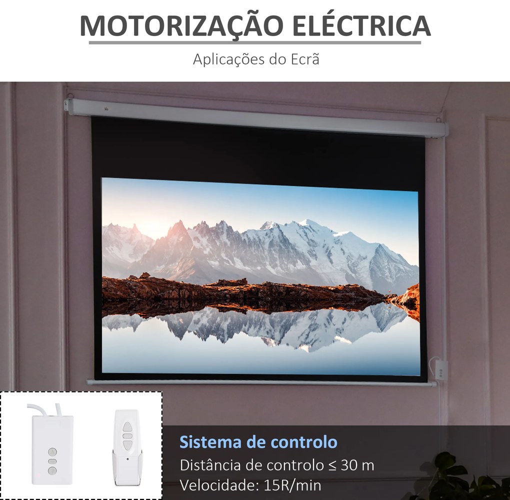 HOMCOM Tela de Projeção Elétrica 80 Polegadas Tela de Projeção Motorizada Formato 16:9 com Controlo Remoto para Cinema am Casa Exterior Festas 209x7,5x142cm Branco