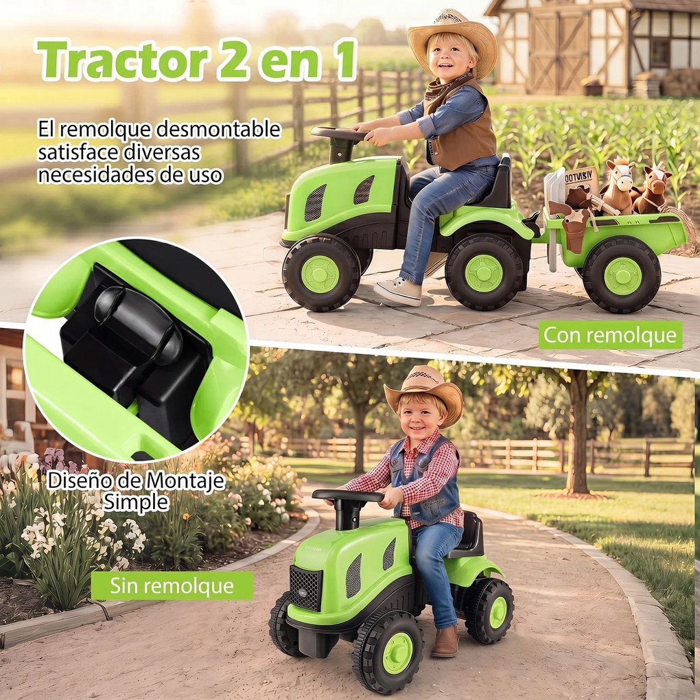 Andarilho Trator Infantil sem Pedais com Reboque, 88 x 35 x 35 cm crianças de 18 a 36 meses, Verde