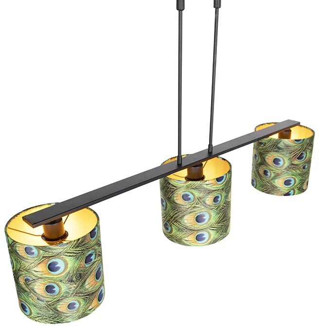 Candeeiro de suspensão com abajures de veludo azul petróleo com dourado 20cm - Combi 3 Deluxe Clássico / Antigo