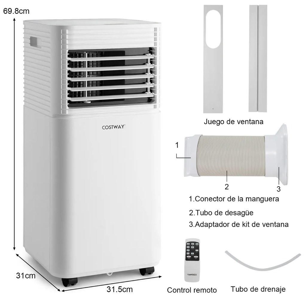 Ar Condicionado portátil 9000 BTU 4 em 1 com ventilador e desumidificador Rodas de controle remoto branco