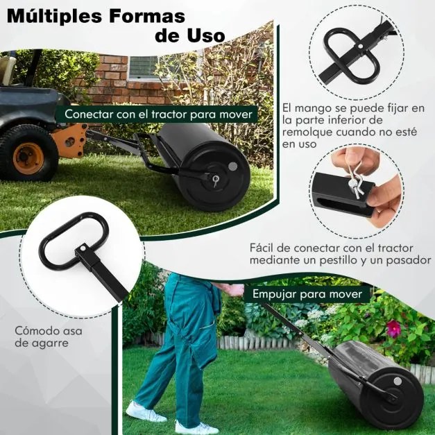 Rolo de relva metálico empurrar/puxar água/enchimento 113 L com pega amovível 99 x 40 x 146 cm Preto