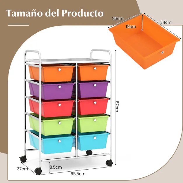 Carrinho móvel multiuso com 10 gavetas organizador sobre rodas 65,5 x 37 x 87 cm Multicolorido 2