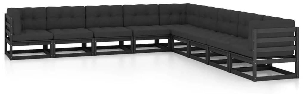 vidaXL 9pcs conjunto longue de jardim c/ almofadões pinho maciço preto