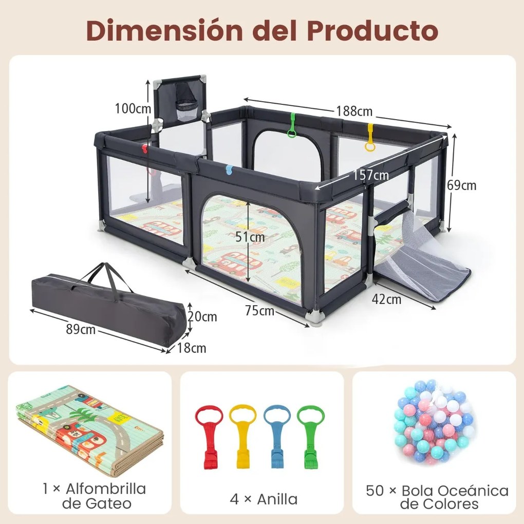 Parque infantil grande para bebés de 188 x 157 cm com aro de basquetebol, baliza, área de jogos com fecho e rede respirável cinzento escuro