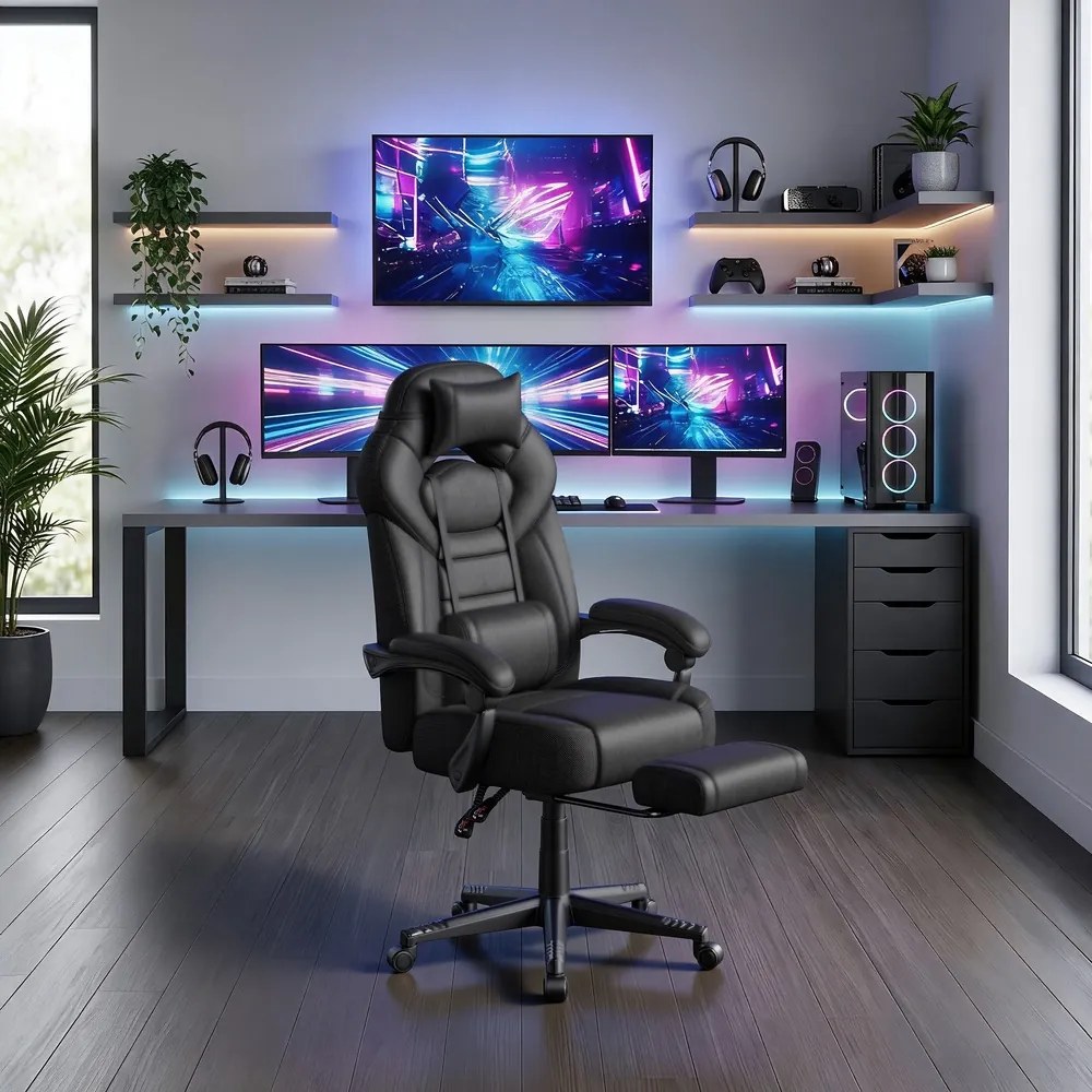 Cadeira de escritório ergonómica com apoio para os pés 70 x 70 x (122-134) cm, cadeira para jogos para o escritório em casa, almofada lombar Preto