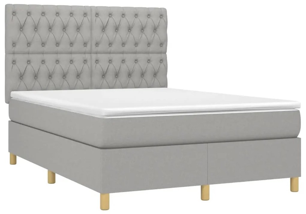 Cama box spring c/ colchão e LED 140x190 cm tecido cinza-claro