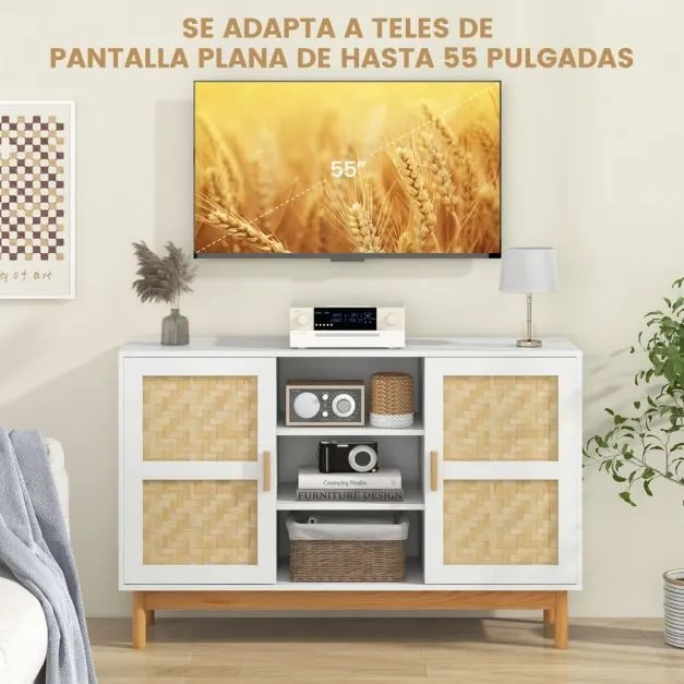 Aparador buffet 120 cm Armário de arrumação com 2 portas em tecido de bambu 3 Estantes abertas para cozinha Sala de jantar Branco