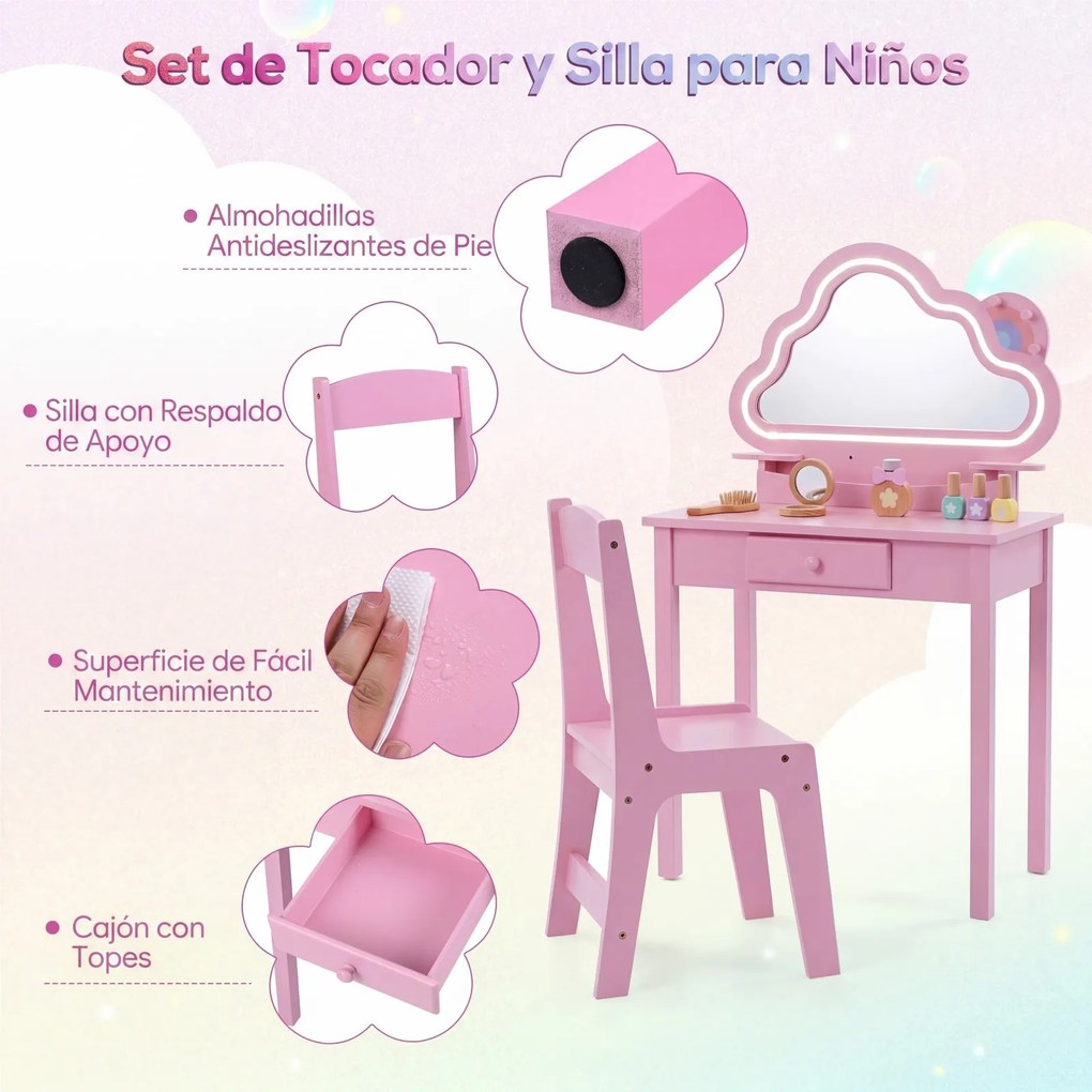 Conjunto de Toucador Infantil e Cadeira, 59 x 35 x 103,5 cm, Espelho em Forma de Nuvem com LED, Rosa