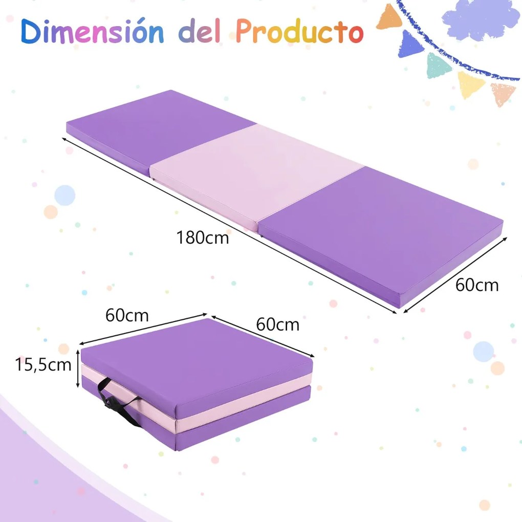 Tapete duplo portátil ginástica leve para exercícios com 3 dores e 2 lados, almofada compacta de espuma EPE para academia, 180 x 60 x 5 cm Rosa