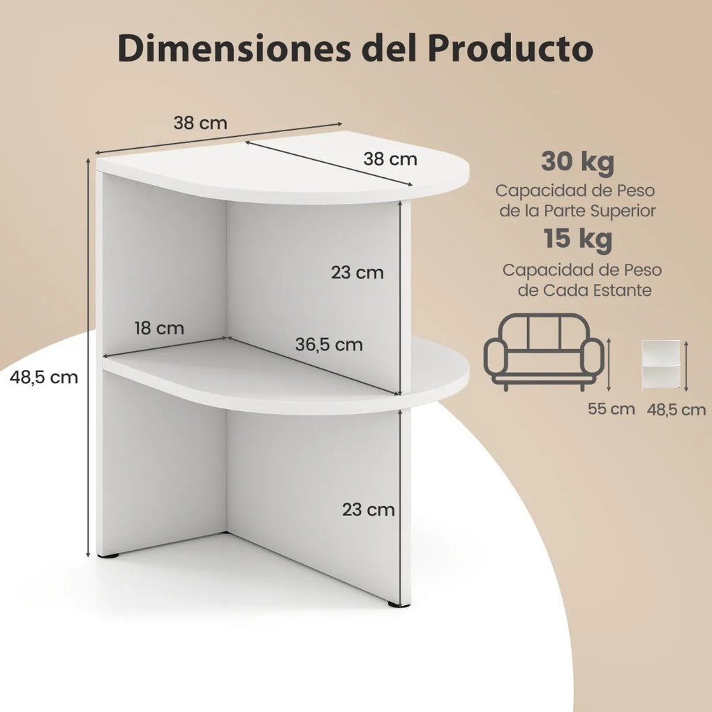 Conjunto de 2 mesas auxiliares semicirculares com prateleiras abertas para espaços pequenos brancas