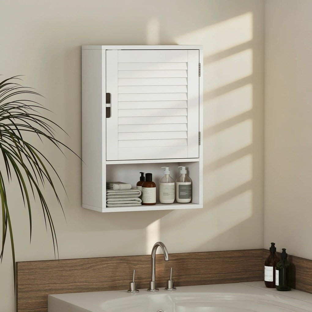Armário de parede para casa de banho 40x20x60 cm com porta de ripas, prateleira ajustável e compartimento aberto, branco