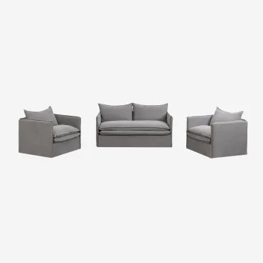 Conjunto De Sala De Estar Com Sofá De 2 Lugares E 2 Poltronas Em Linho E Algodão Grace Tecido Cinzento Escuro - Sklum