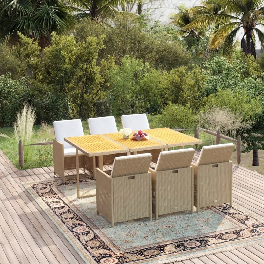vidaXL 7 pcs conjunto jantar p/ jardim c/ almofadões vime PE bege