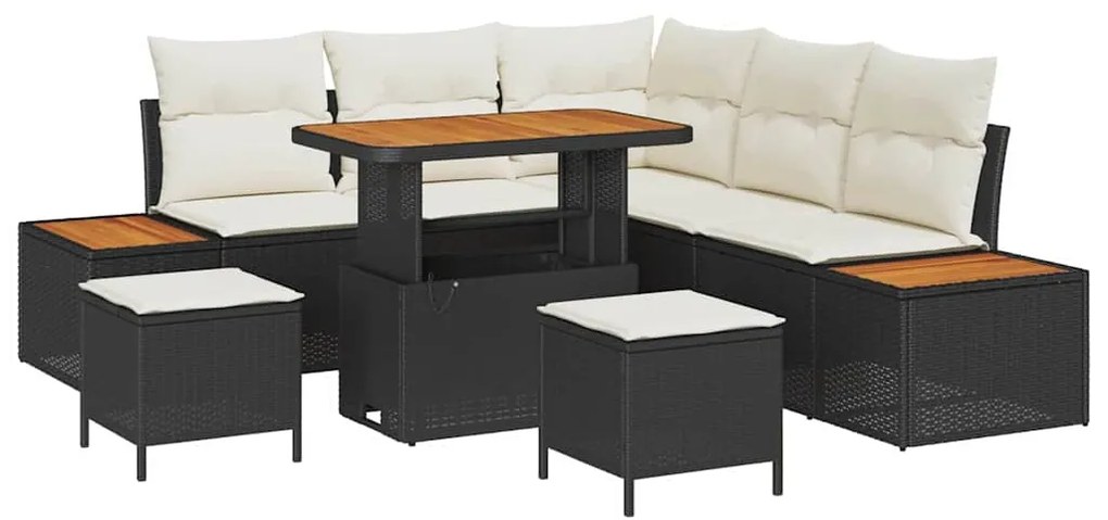 Conjunto de Sofá de Jardim de 8 Peças com Almofadas de Vime Preto