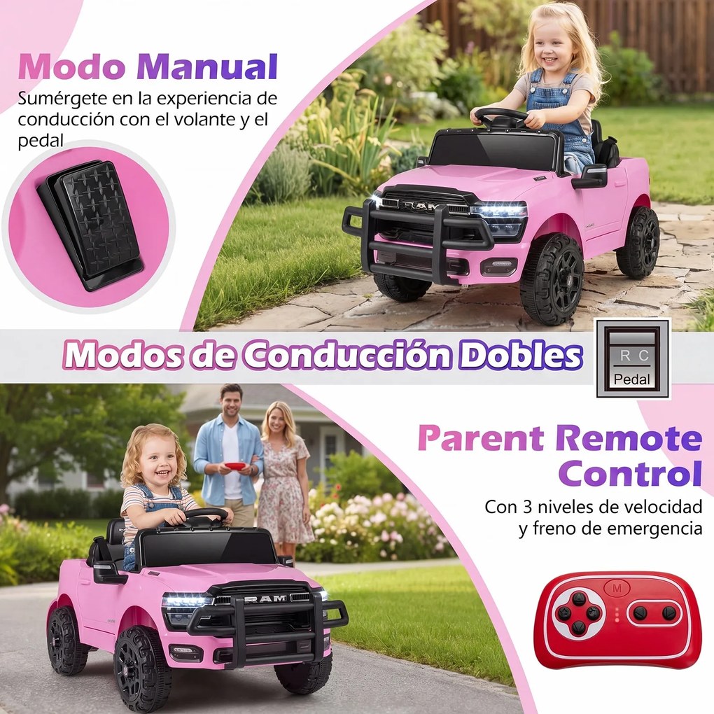 Carro Elétrico Infantil Todo-o-Terreno, 96,5 x 61 x 48,5 cm, Com Comando e Pedal, Rosa