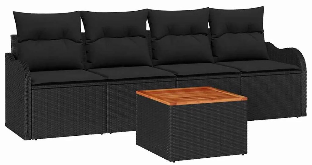 Conjunto Sofá de Jardim 5 Peças com Almofadas de Rattan Preto e Madeir