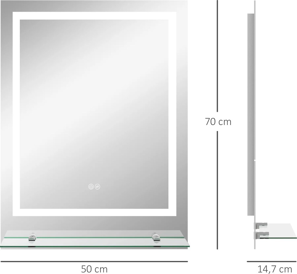 Espelho retangular de parede com iluminação LED para casa de banho, 70 x 50 cm