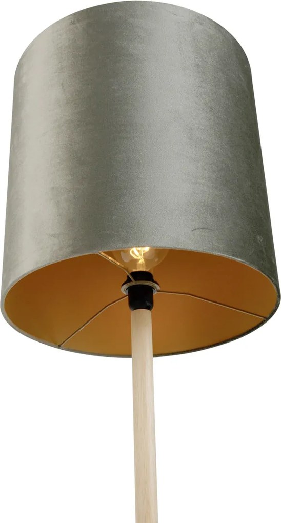 Candeeiro de pé de madeira com abajur de veludo verde 40cm - Mels