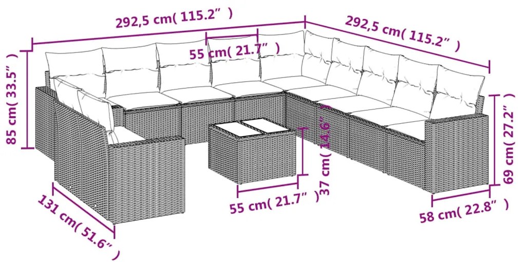 12 pcs conjunto de sofás jardim com almofadões vime PE castanho