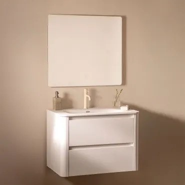 Conjunto De Móvel De Casa De Banho Suspenso Em Madeira Com Lavatório Integrado Egerton Branco & Led Retangular E Anti-embaciamento 80x70 Cm Riben -