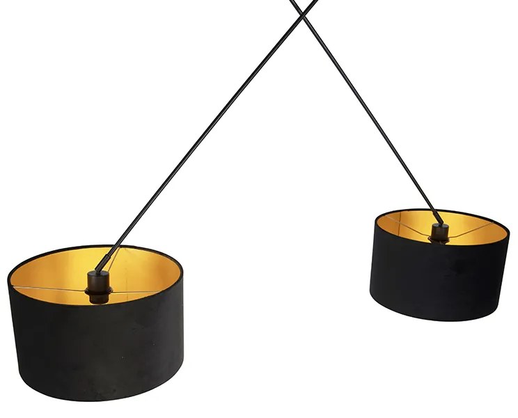 Candeeiro de suspensão preto com abajures de veludo preto e dourado 35 cm 2-luzes - Blitz