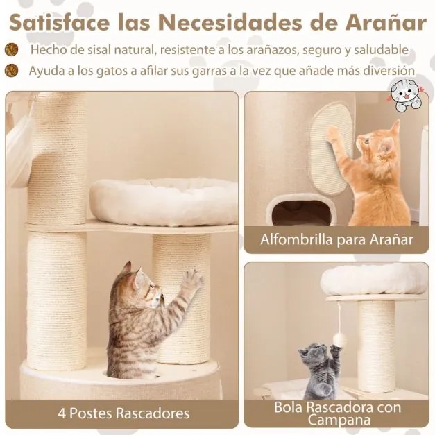 Arranhador para gatos 187 cm com 2 andares  Redes Posto de arranhar Sisal Tapete Bola Almofadas Natural