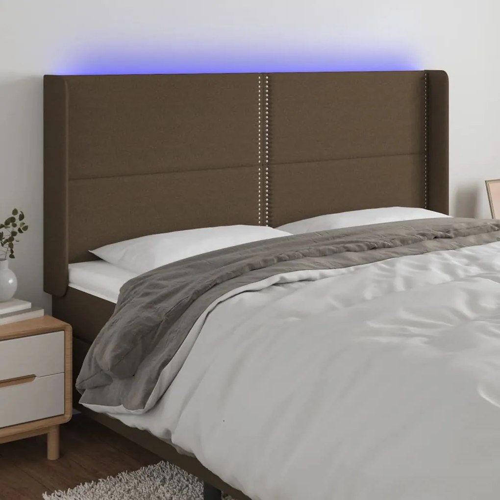 Cabeceira de cama c/ luzes LED tecido 163x16x118/128cm castanho