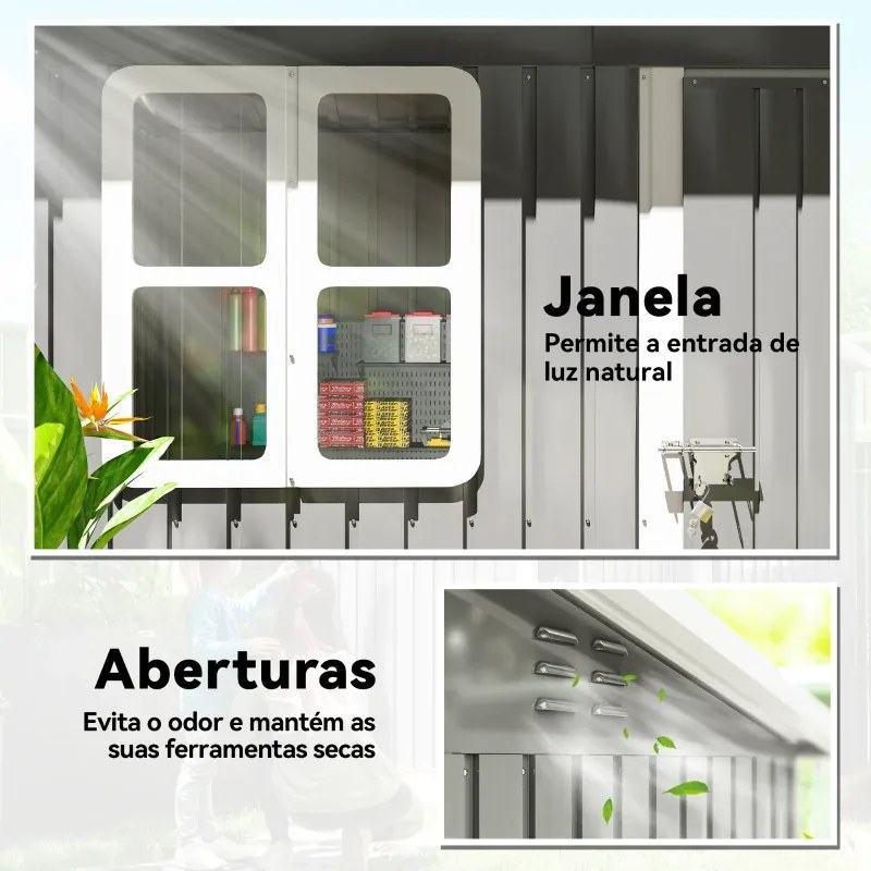 Abrigo de Jardim Exterior 2,55 m² 221x133x190 cm com Janela Porta com Fechadura e Ventilações Cinzento Escuro