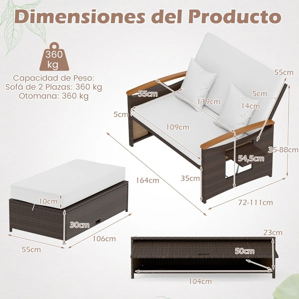 Conjunto de sofá-cama em rattan com pufe com espaço de arrumação, encosto ajustável em 4 níveis e mesas laterais dobráveis para jardim e piscina, bran