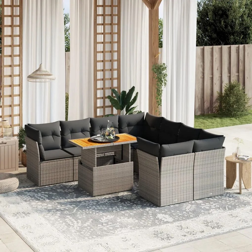 9 pcs conjunto sofás p/ jardim com almofadões vime PE cinzento