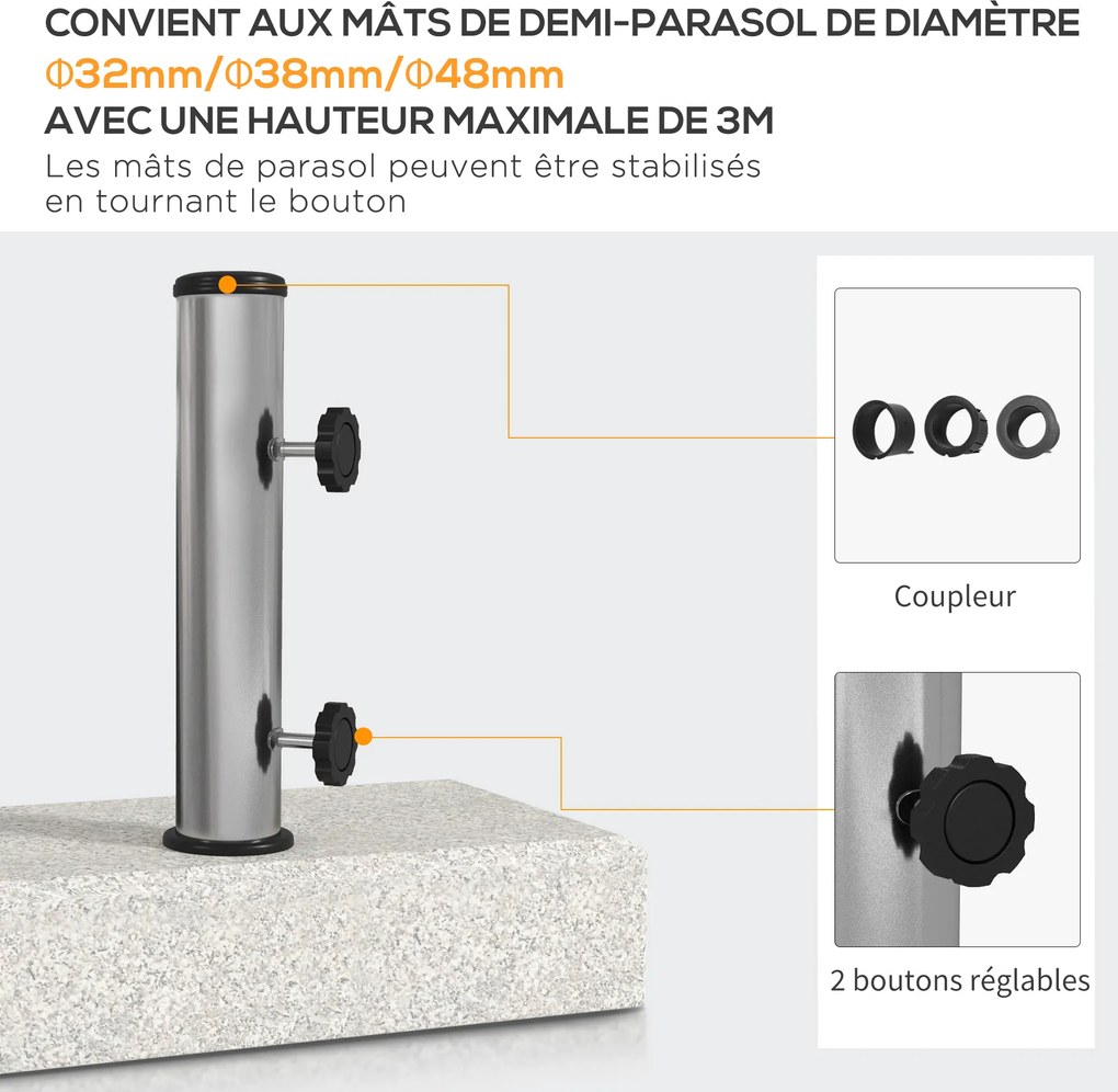 Base para guarda-sol em mármore 45 x 22,5 x 40 cm, com 25 kg, 2 rodas de fixação e tubo em aço inoxidável (GUARDA SOL NÃO INCLUIDO), cinzenta