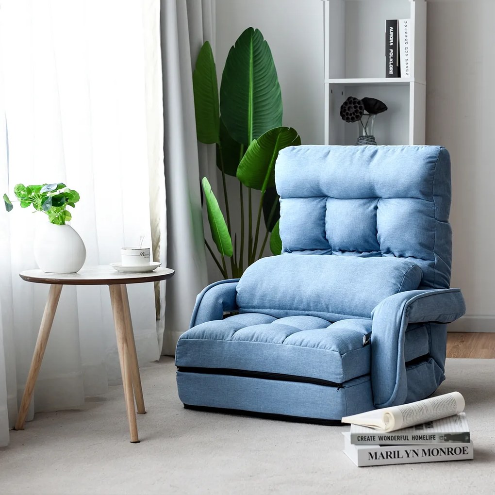Sofá Cama de Chão individual dobrável com almofada multifuncional para quarto Sala de estar Varanda 67 x 65 x 72 cm Azul