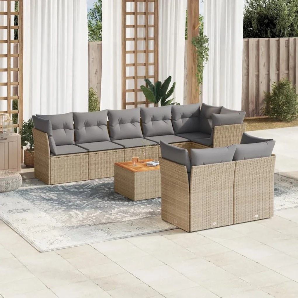9 pcs conj. sofás jardim c/ almofadões vime PE bege misturado
