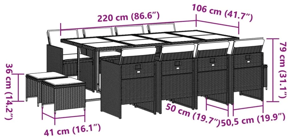 13 pcs conjunto de jantar p/jardim com almofadões vime PE preto