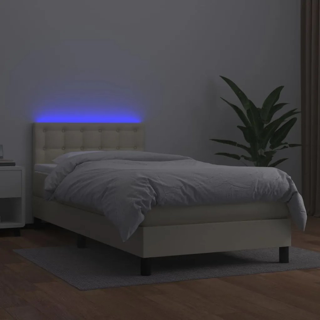 Cama box spring c/ colchão/LED 100x200cm couro artificial creme