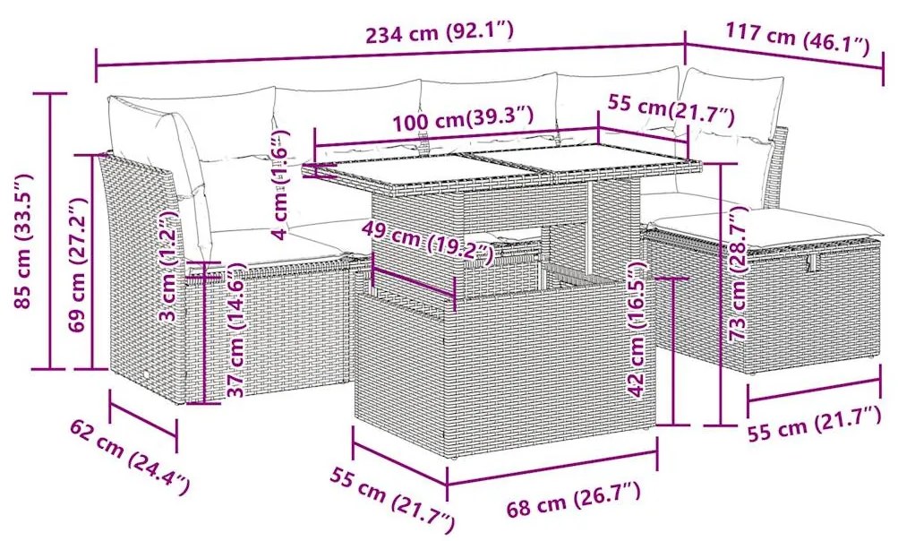 6 pcs conjunto sofás de jardim c/ almofadões vime PE preto