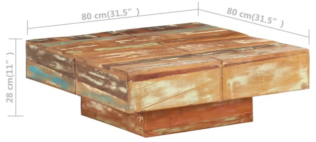 Mesa de centro 80x80x28 cm madeira recuperada maciça