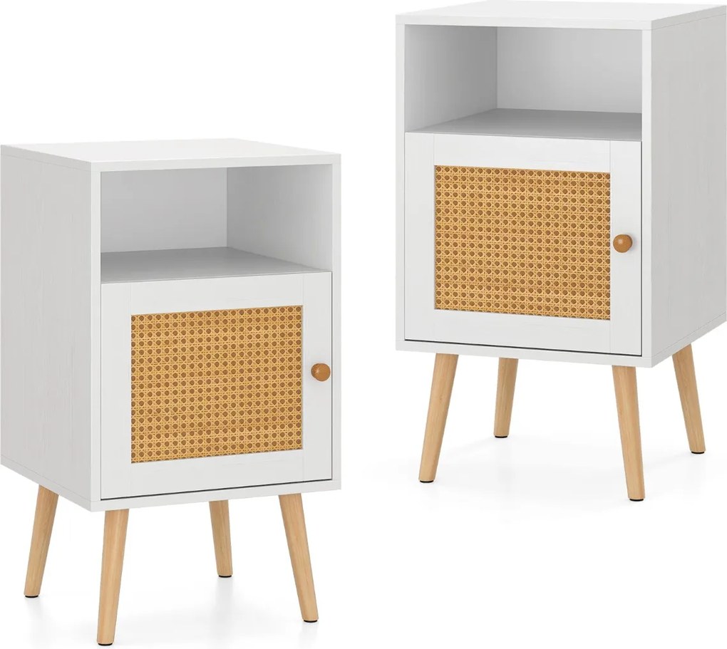 Conjunto 2 Mesas cabeçeira ou mesa Apoio com Estante Aberta e Porta Decorada em Rattan PE para Quarto Sala de Estar 40 x 39 x 70 cm Brancas