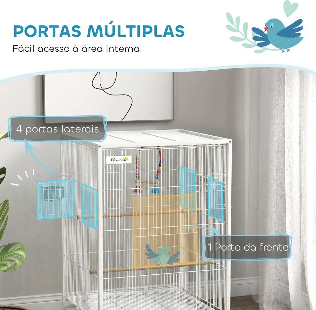Gaiola para Pássaros com Rodas Poleiros Baloiço Bandeja Removível e Tigelas de Aço Inoxidável 48x46x78 cm Branco