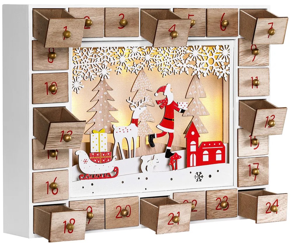 Calendário do Advento Pai Natal em madeira com LED 35 x 6 x 27 cm Branco quente + Castanho