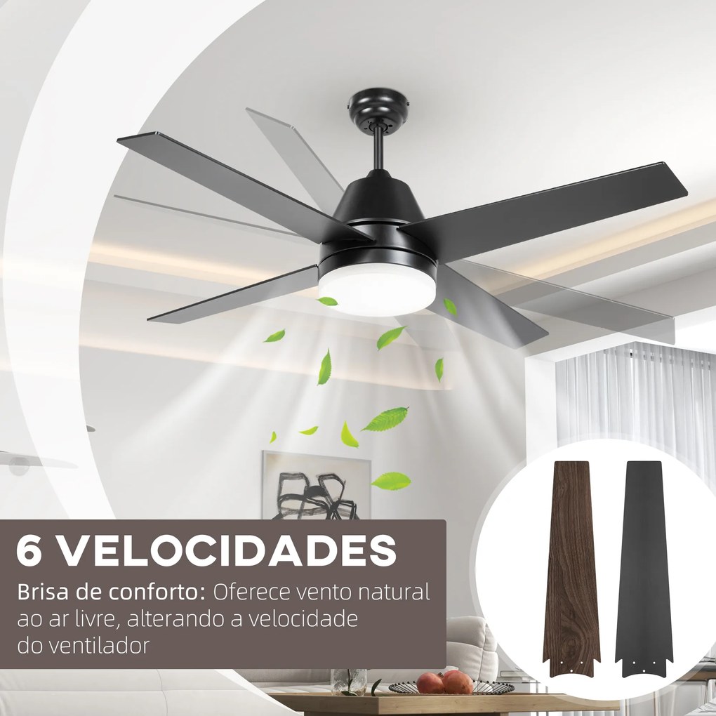 Ventoinha de Teto com Luz 46W Ø129 cm com 4 Lâminas Reversíveis Controlo Remoto 6 Velocidades e Temporizador Preto