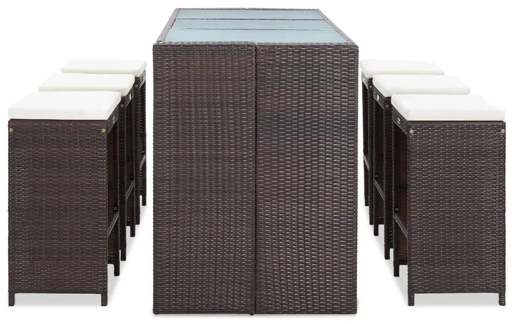 7 pcs conjunto bar para jardim c/ almofadões vime PE castanho